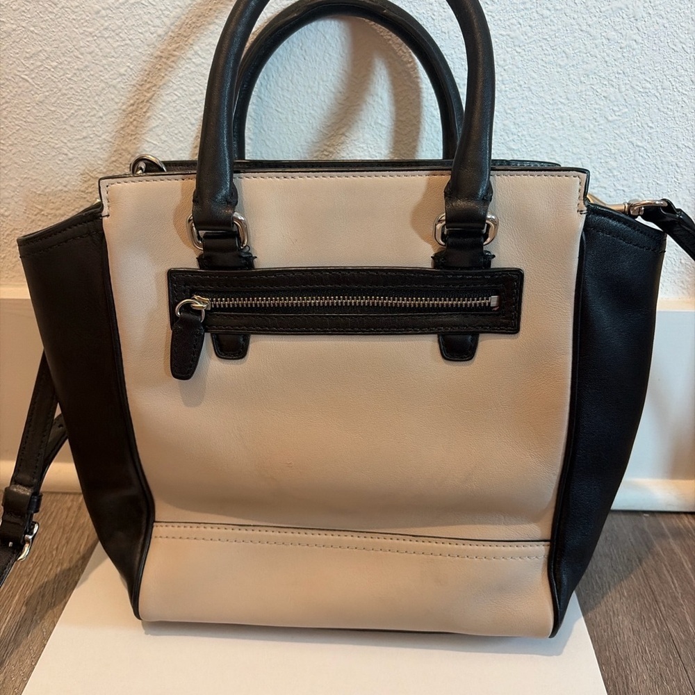 Coach Mini Leather Colorblock Satchel Black Cream Crossbody - Picture 3 of 6
